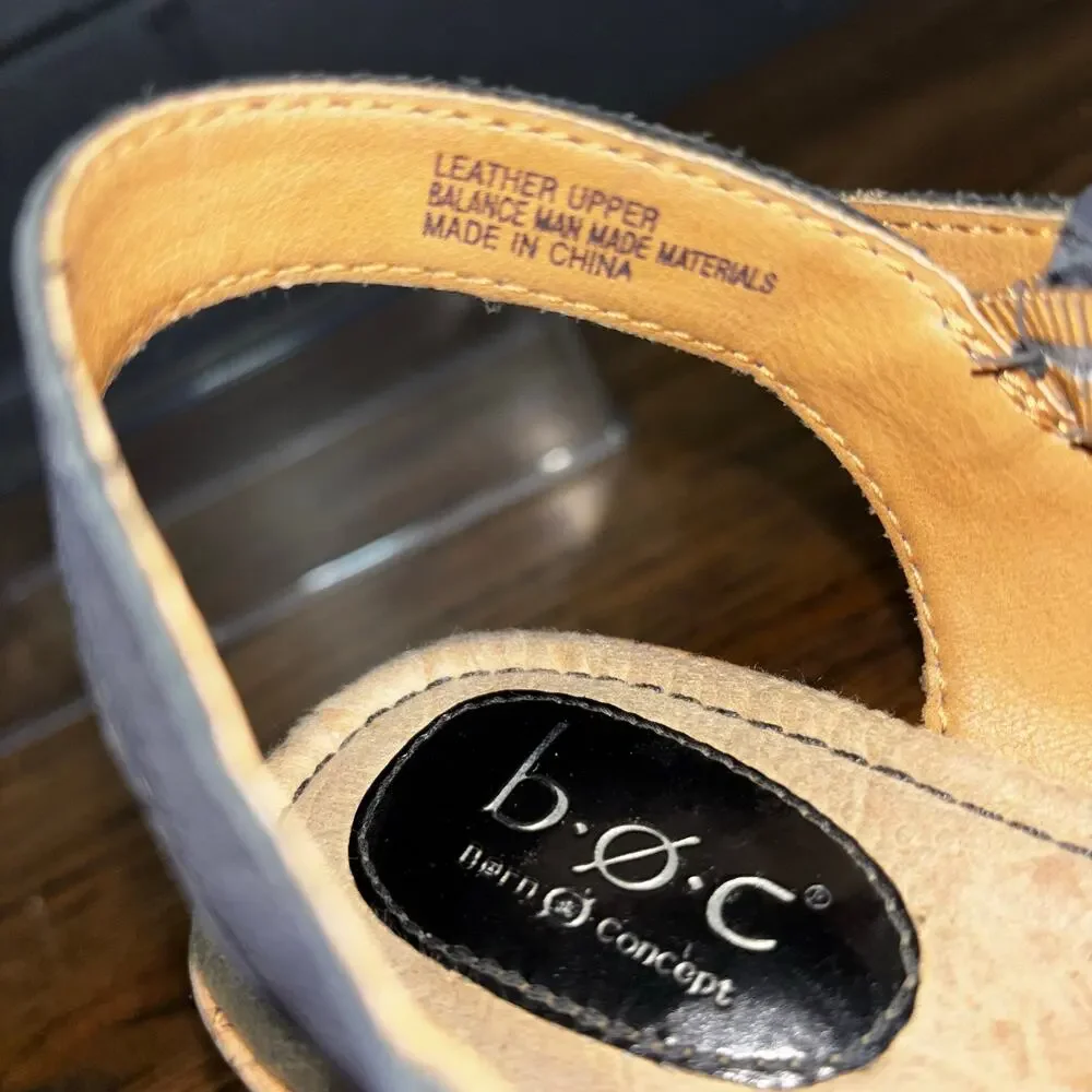B.O.C. Born Concept Black Leather Floral Cork Wedge Sandals Women’s 9